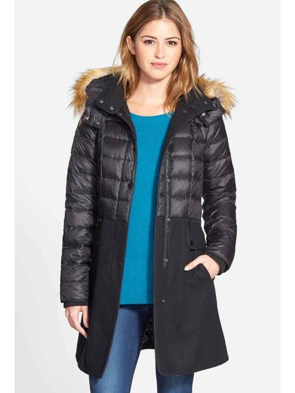 $400 1 Madison Quilted Down & Wool Blend Coat PARKA Faux Fur Trim BLACK XL
